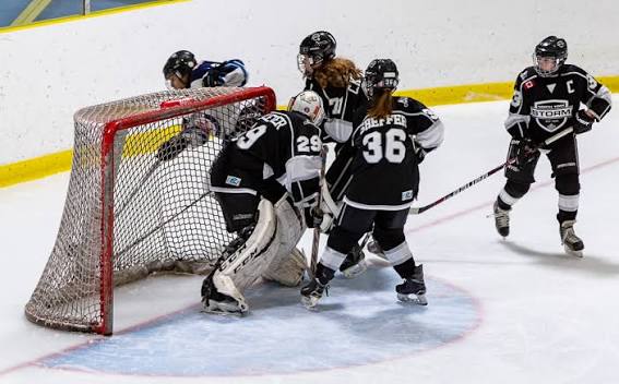 North York Storm players gathered around their goalie