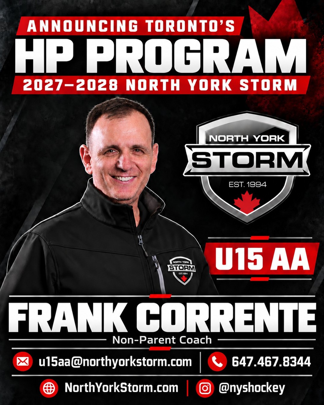 North York Storm U15 AA 2027–2028 HP program announcement featuring non-parent coach Frank Corrente
