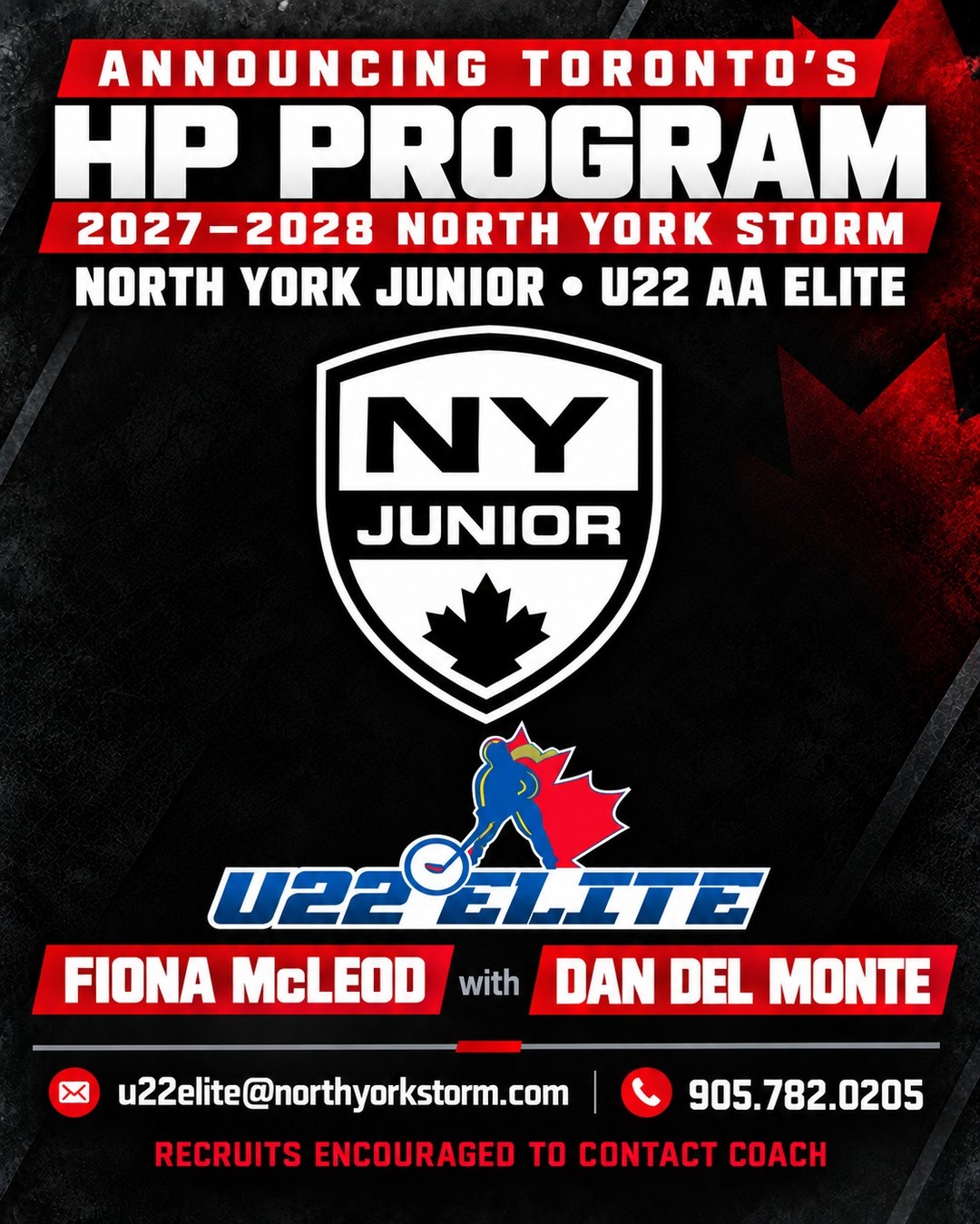 North York Junior U22 AA Elite 2027–2028 HP program announcement featuring Fiona McLeod with Dan Del Monte